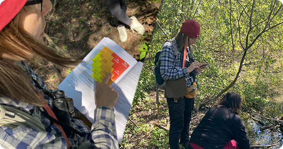 Några personer är i en skog och utför en naturvärdesinventering